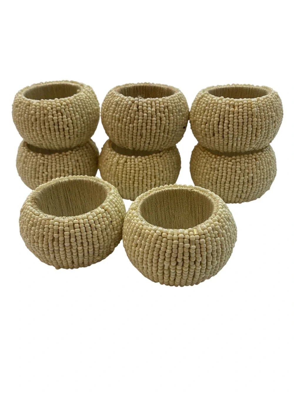 Boho Cream Beaded Napkin Rings Set of 8 Off-White Coastal Table Decor Woven